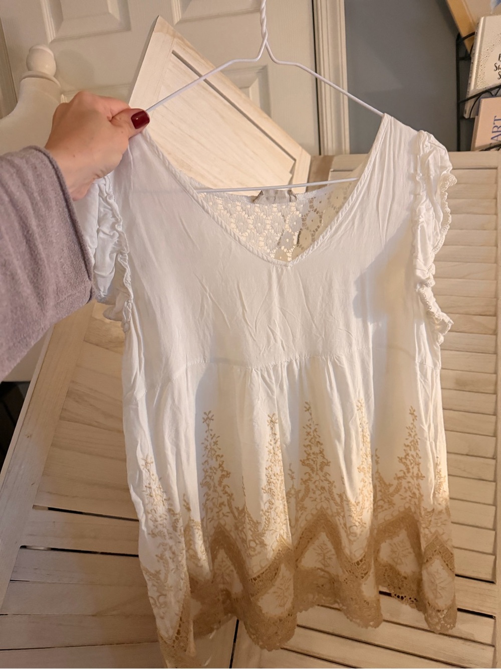 Altar'd State White Tunic with Tan Embroidered Hem and Crochet Back and lace
